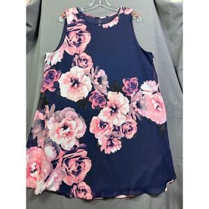 J Howard Womens Size 18 Navy Pink Floral Chiffon Sleeveless Shift Dress Keyhole